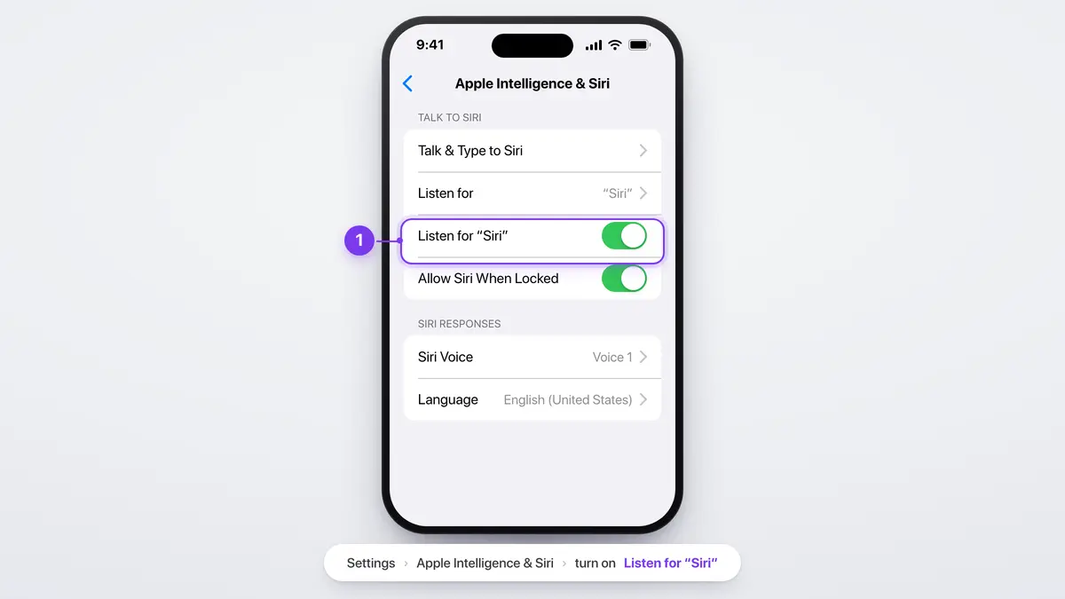 iPhone Settings > Apple Intelligence & Siri, with Listen for Siri turned on