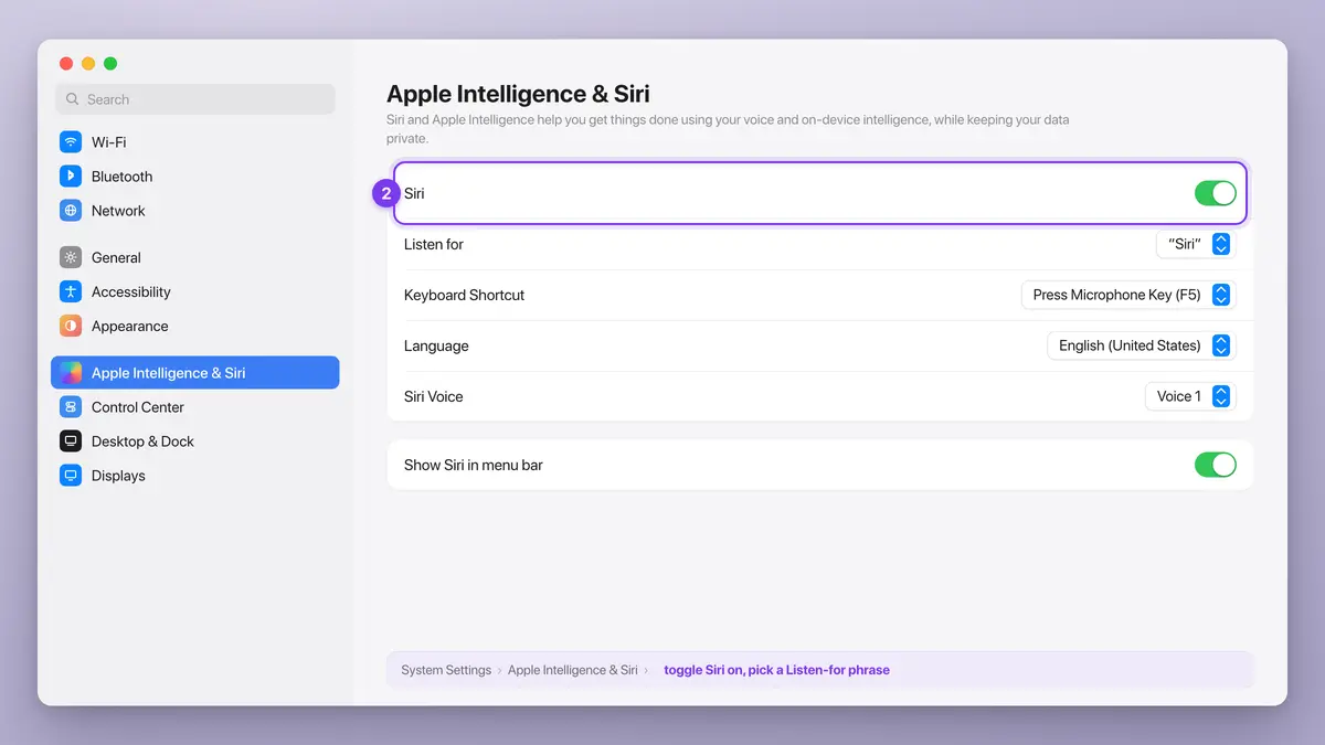 macOS System Settings > Apple Intelligence & Siri, with Siri toggled on and a Listen for phrase chosen