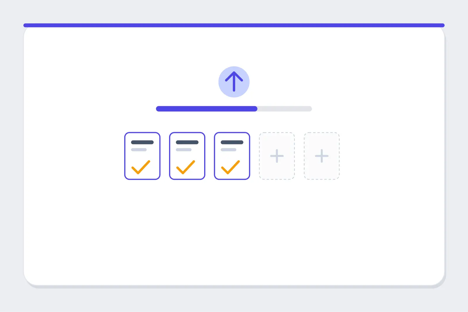 Conceptual diagram of a file-upload panel showing a progress bar, selected file cards, and empty available slots