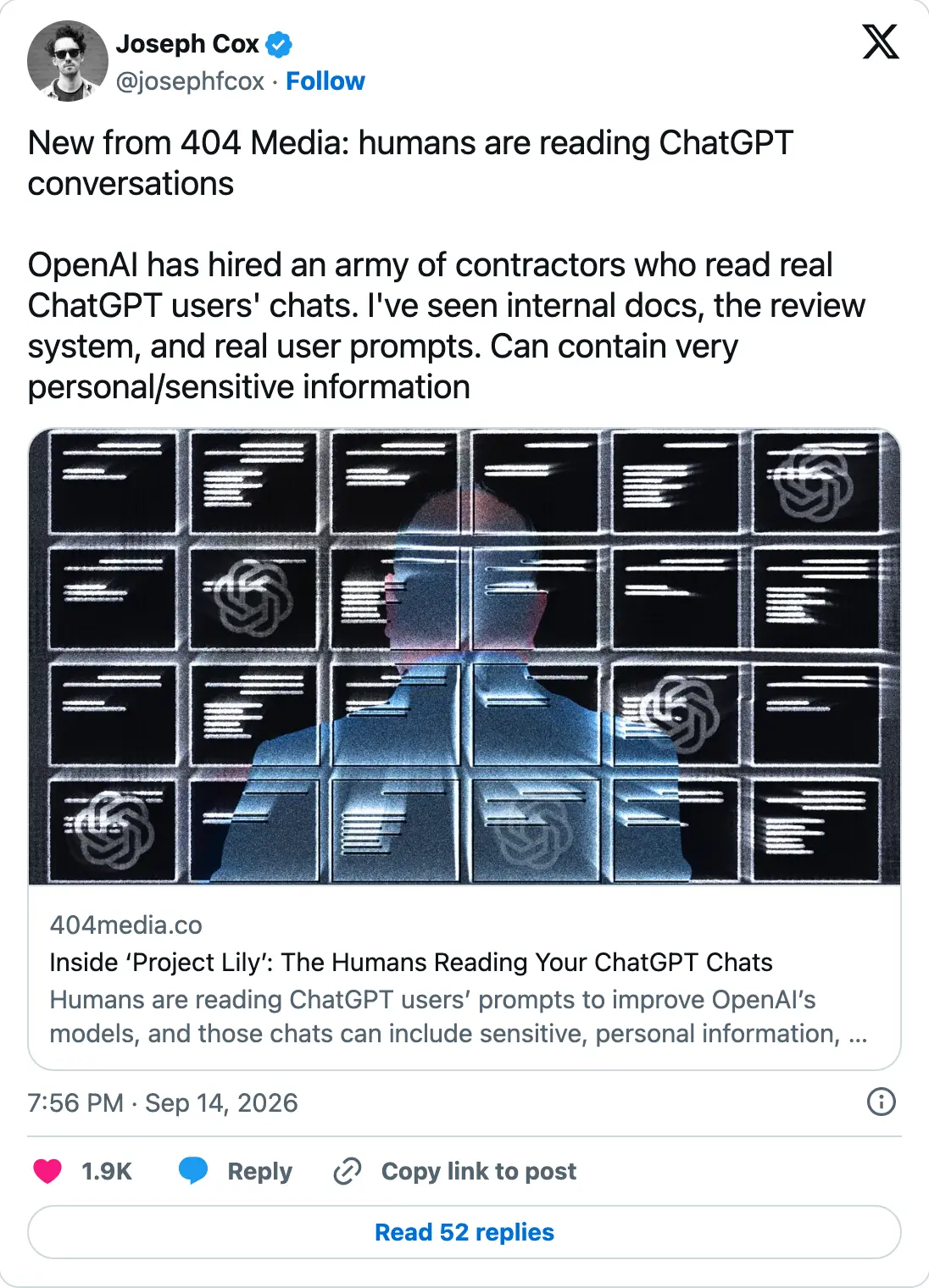 Joseph Cox of 404 Media posting on X on 14 September 2026 that humans are reading ChatGPT conversations