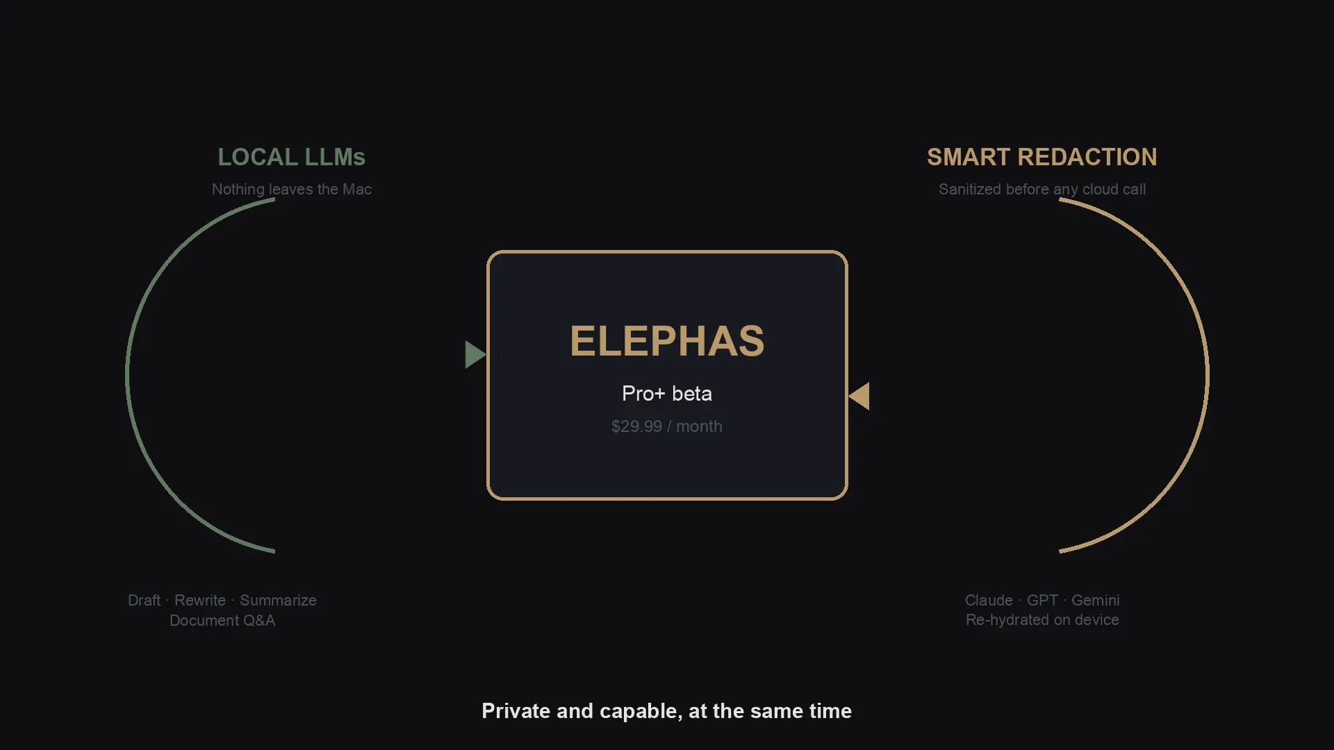 Elephas in the center of two parallel flows: a closed local LLM loop on the left and a Smart Redaction cloud loop on the right