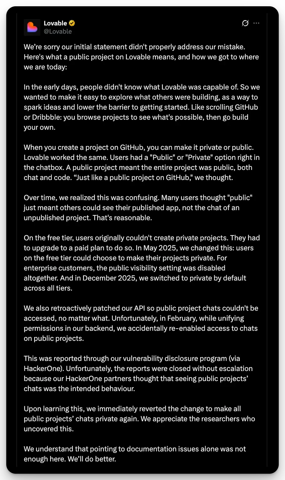 Lovable's apology post explaining the February 2026 backend regression that reopened public project chats