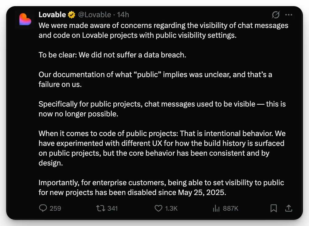 Lovable denies data breach, first X statement from @Lovable on April 20, 2026