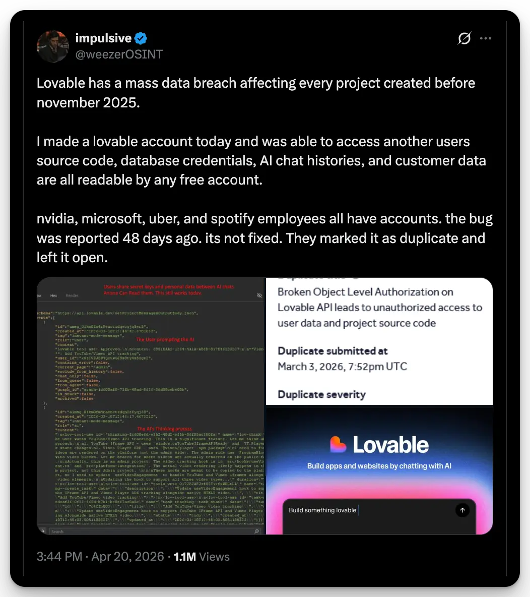 @weezerOSINT on X disclosing the Lovable API flaw with an embedded HackerOne report card