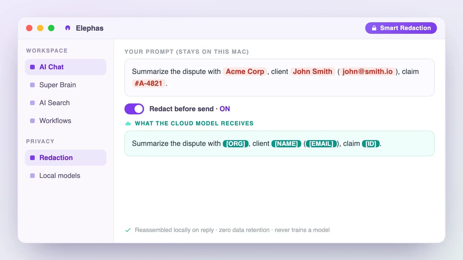 The Elephas app redacting sensitive fields in a document before sending it to a cloud model