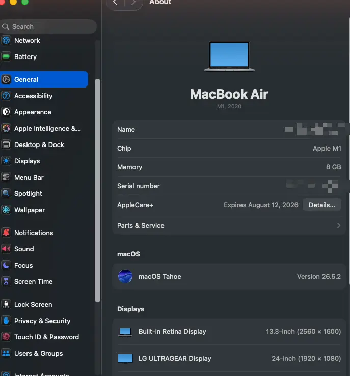 The About pane in System Settings, showing the Chip and Memory rows to check before upgrading (macOS 26; this pane is unchanged in macOS 27)