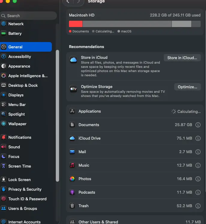 The Storage pane in System Settings; this Mac has roughly 17GB free, well under the 40GB the upgrade needs (macOS 26)