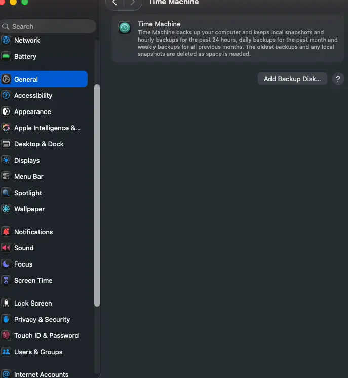 The Time Machine pane in System Settings; this Mac has no backup disk set up yet, showing the Add Backup Disk button to use before upgrading (macOS 26)