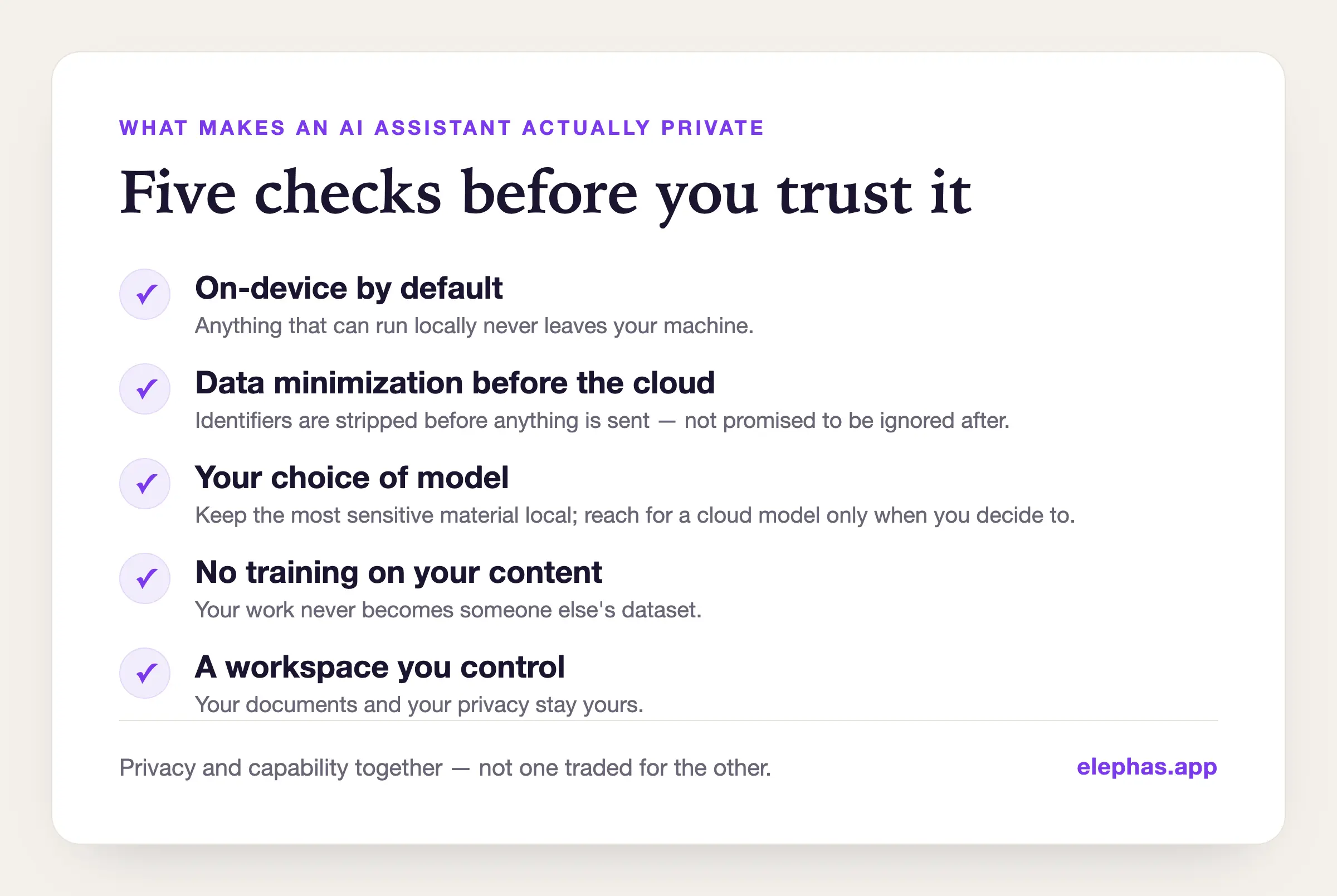 Checklist for a genuinely private AI assistant — on-device, data minimization, your choice of model, no training