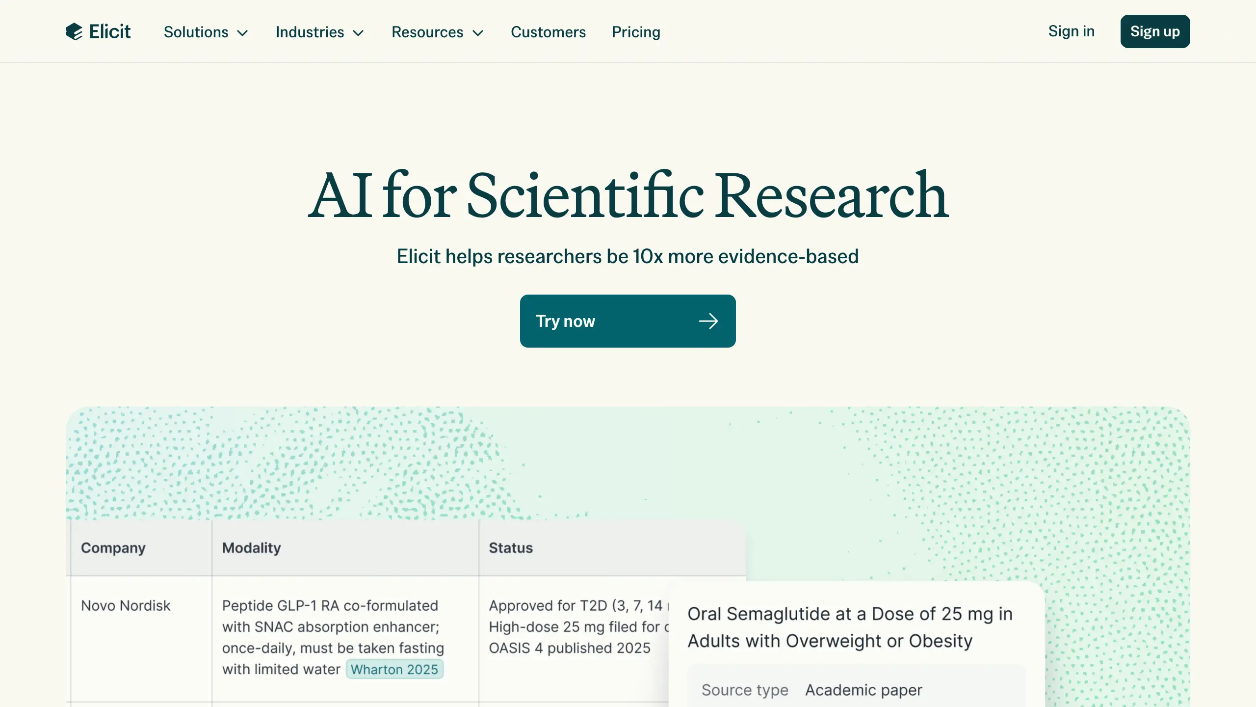 Elicit homepage with a sample evidence table