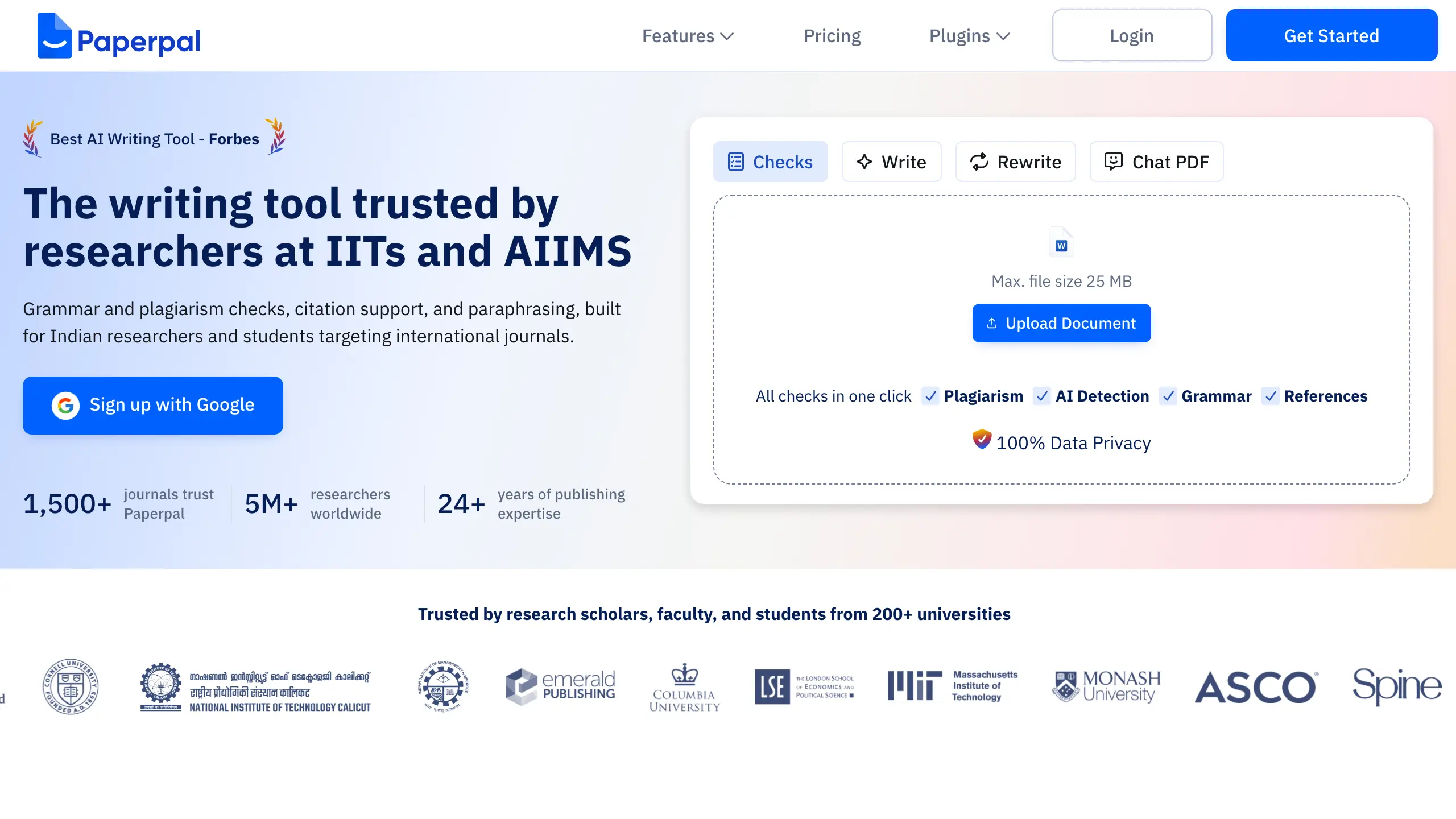 Paperpal homepage showing its writing checks panel