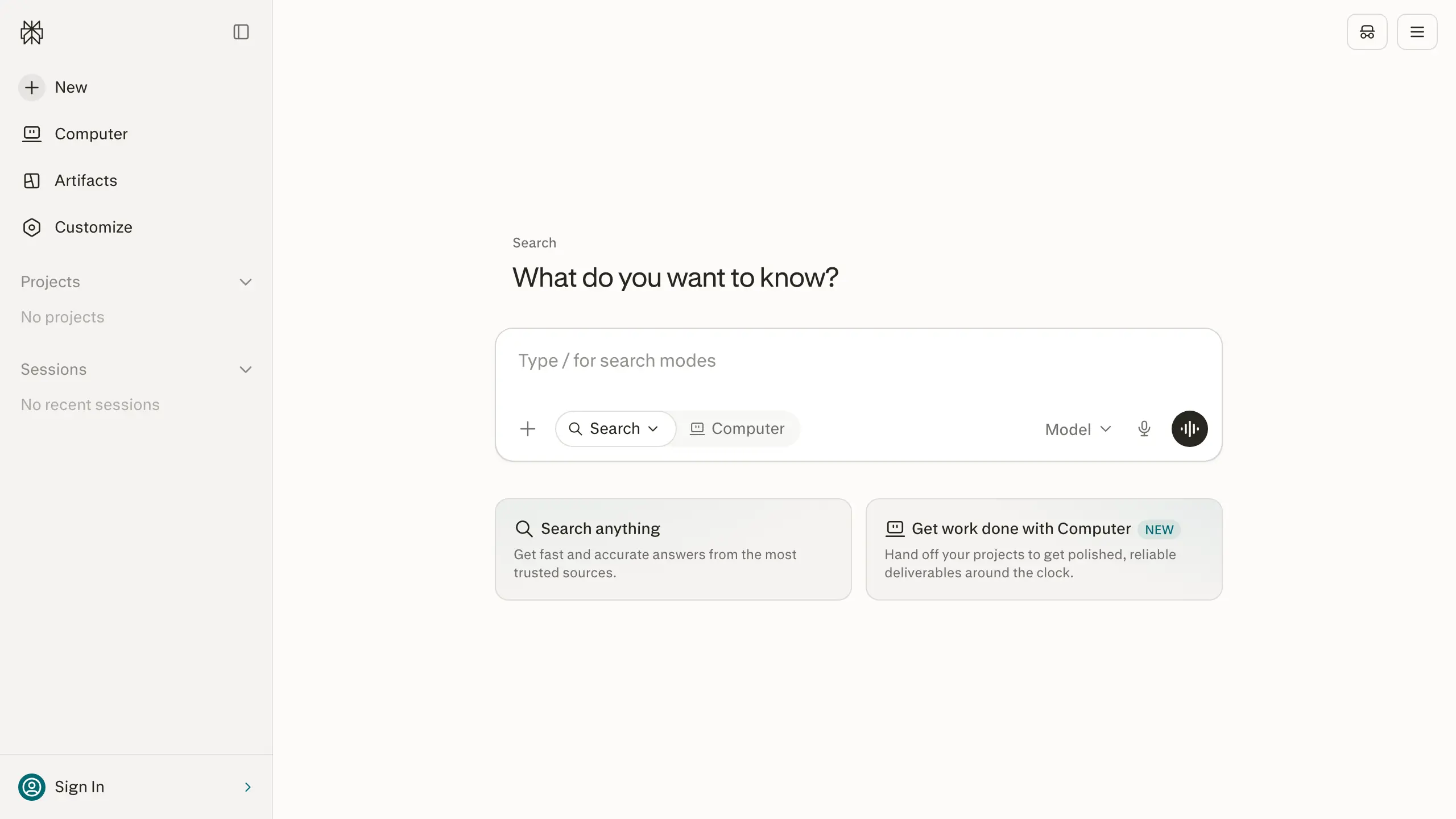 Perplexity homepage with its search box
