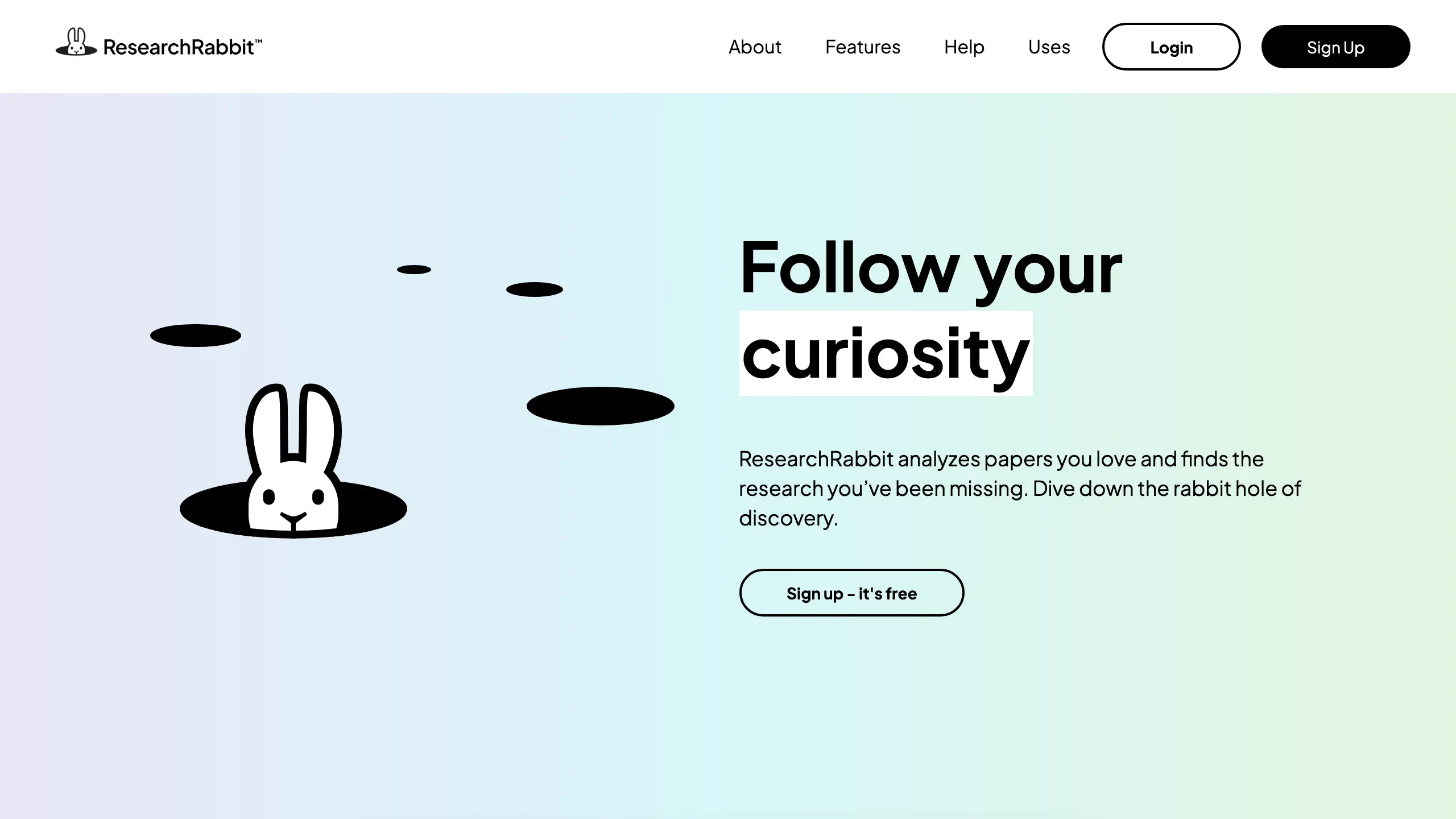 ResearchRabbit homepage with its rabbit-hole illustration