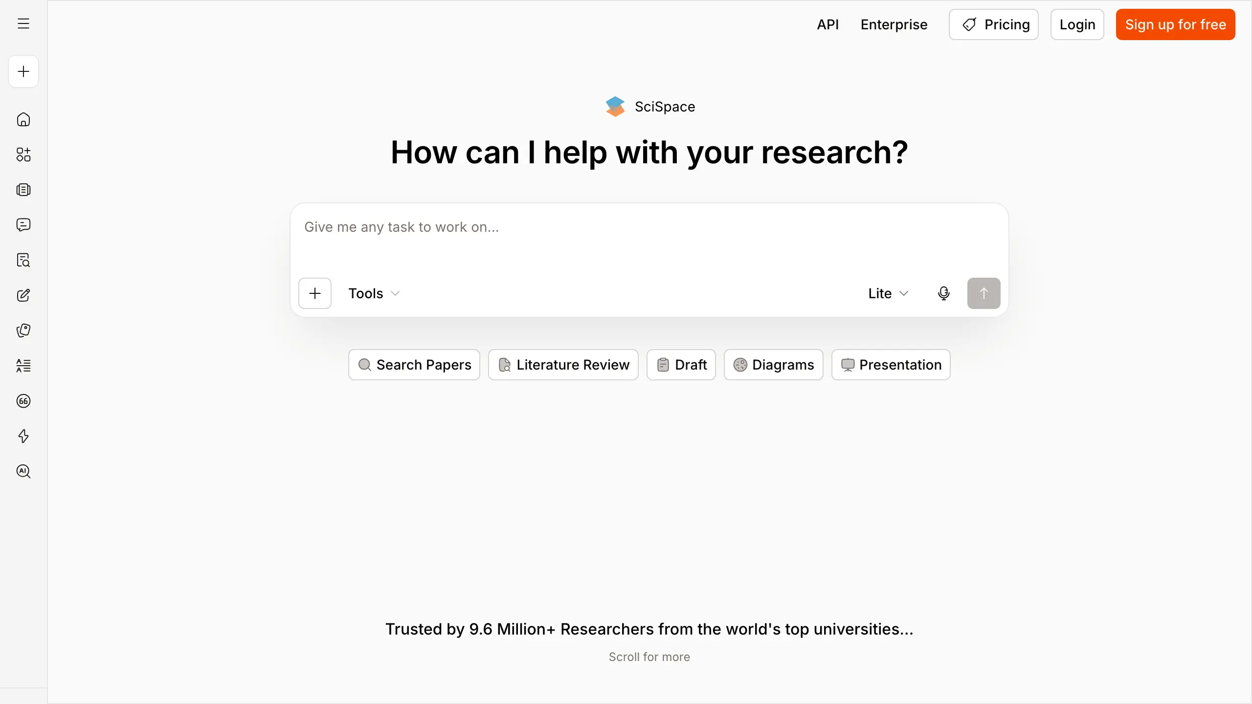 SciSpace homepage with research tool buttons