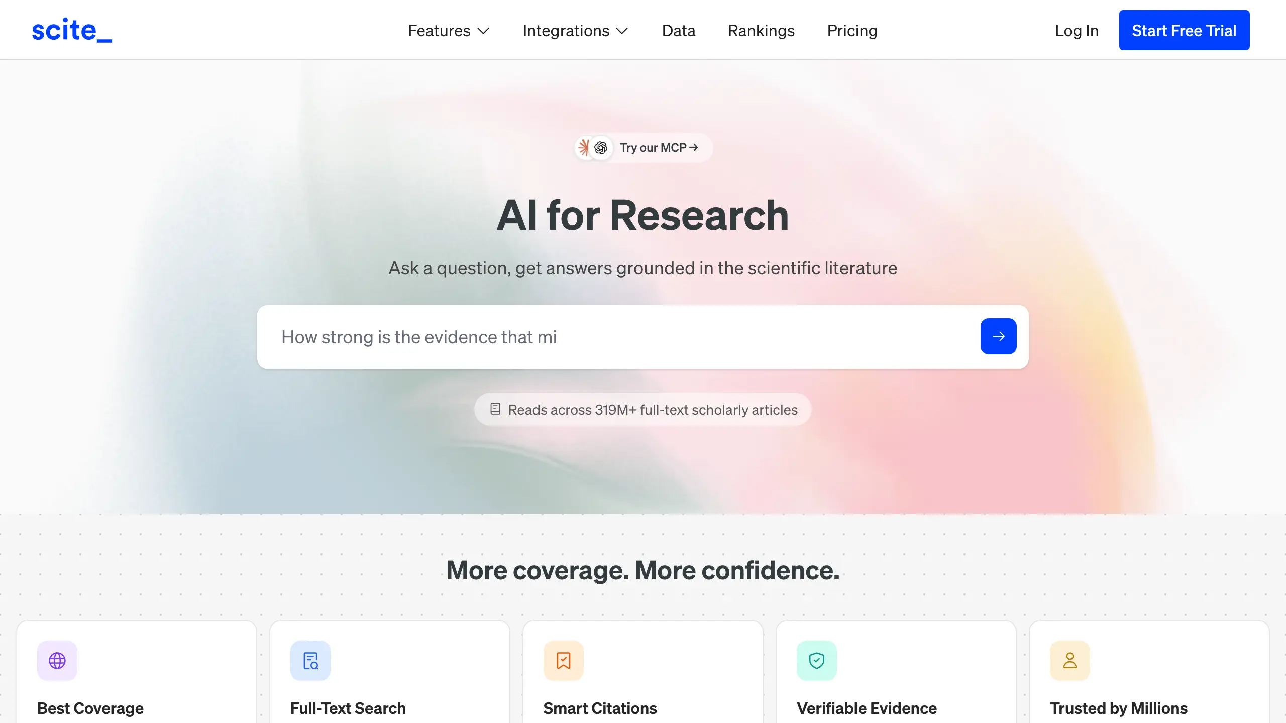 Scite homepage with its research search box
