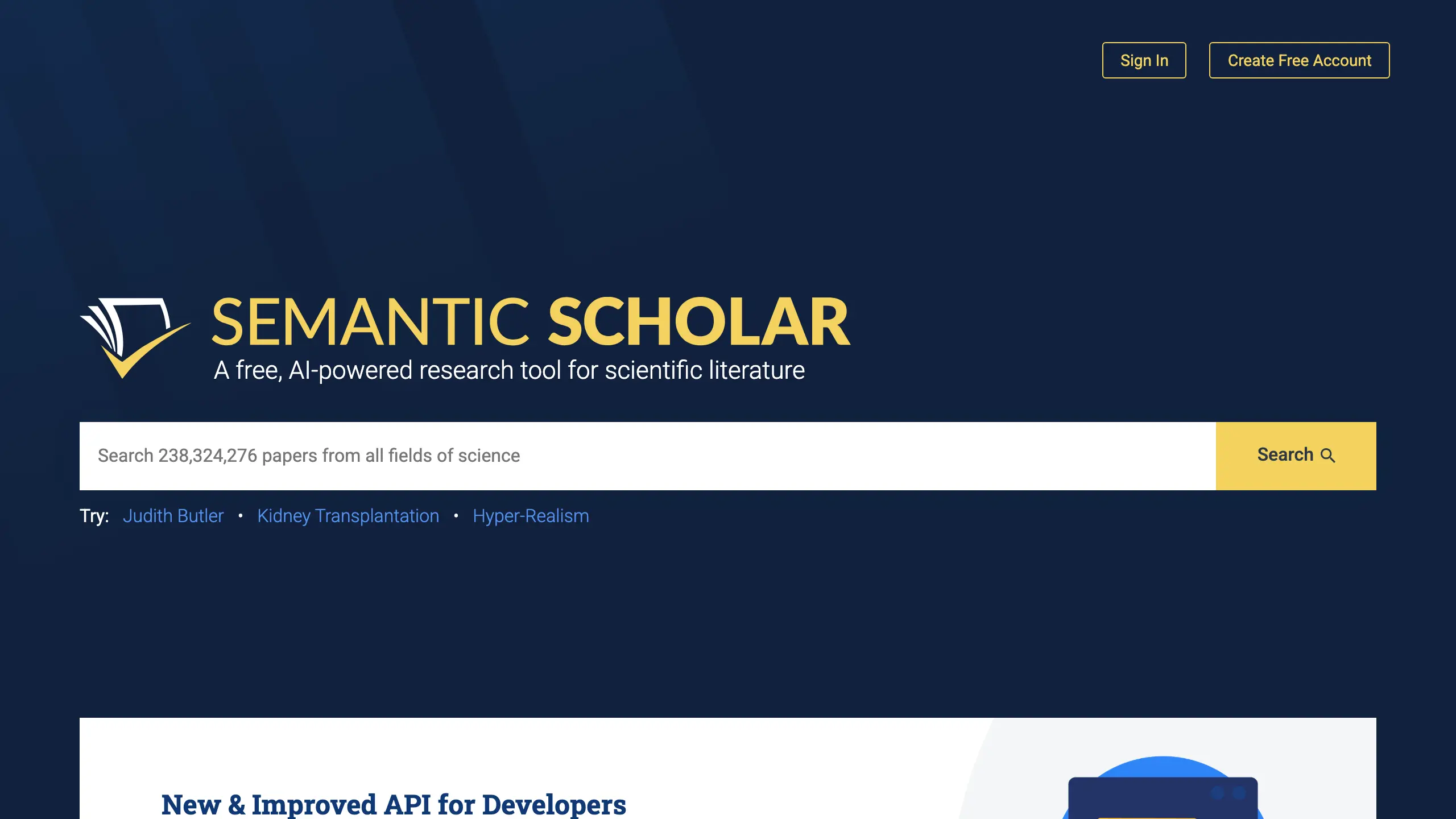Semantic Scholar homepage with the paper search bar