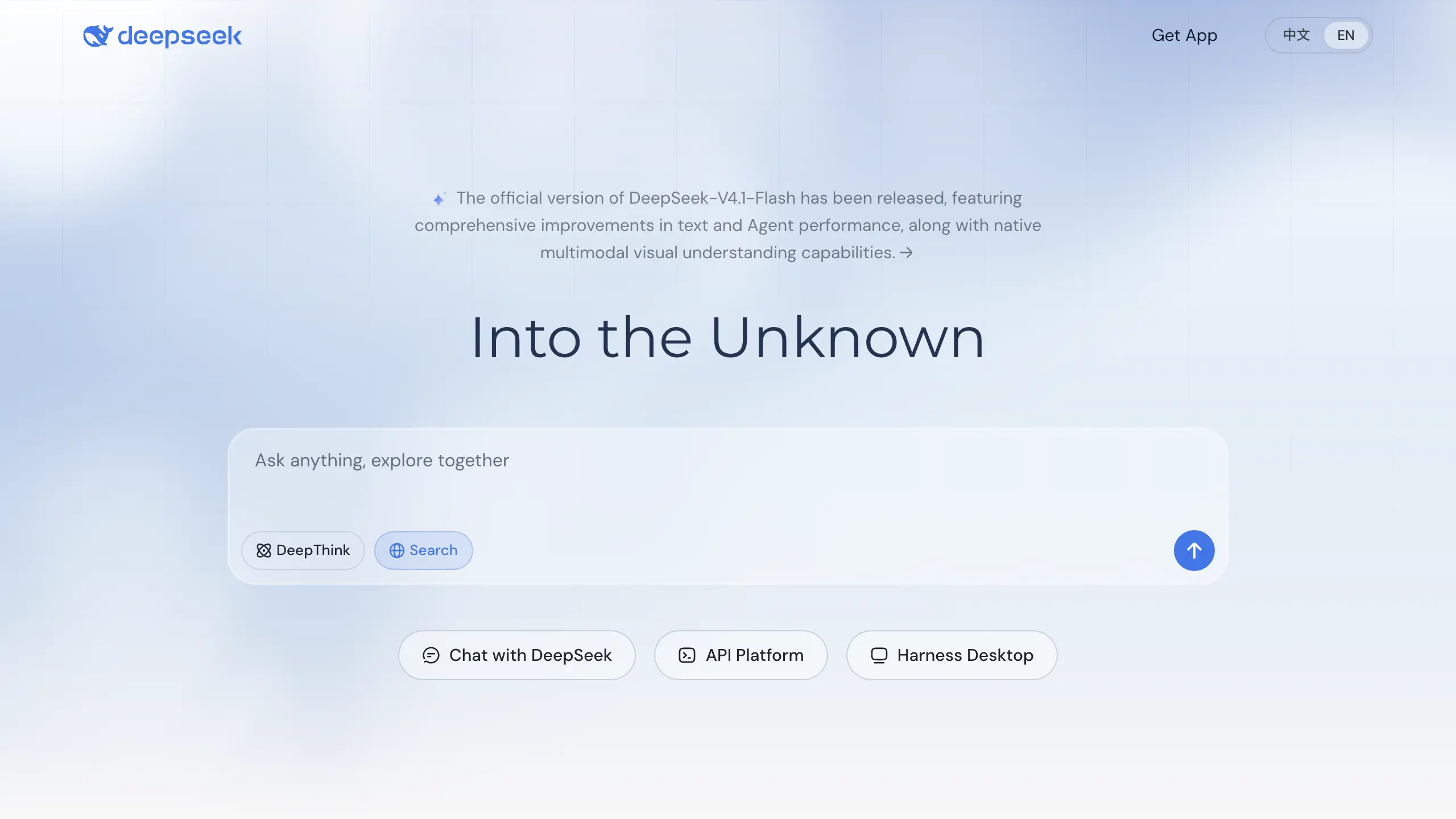 DeepSeek homepage, a free AI chatbot for reasoning and coding checks