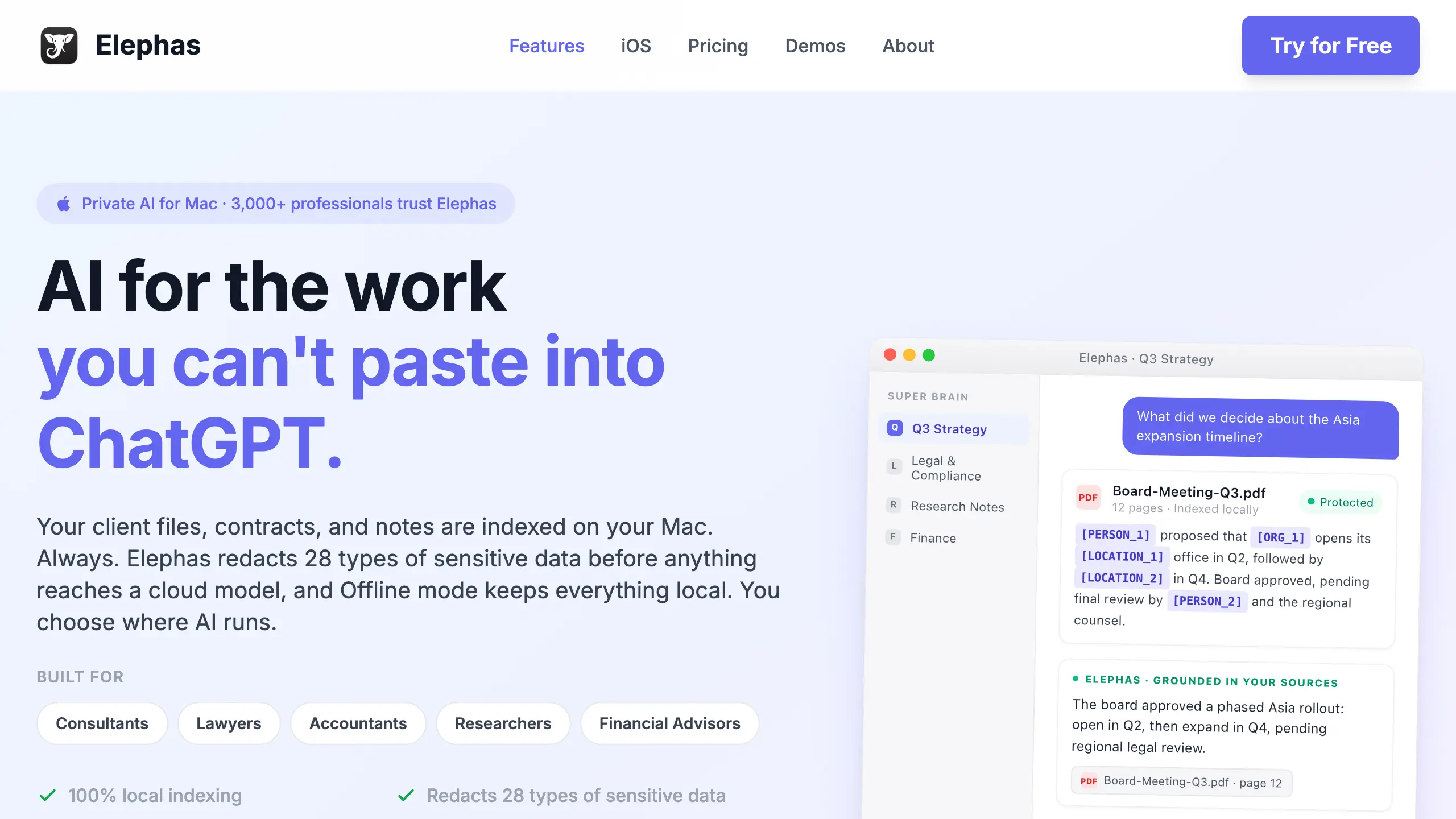Elephas homepage on Mac, the private AI knowledge assistant for course files