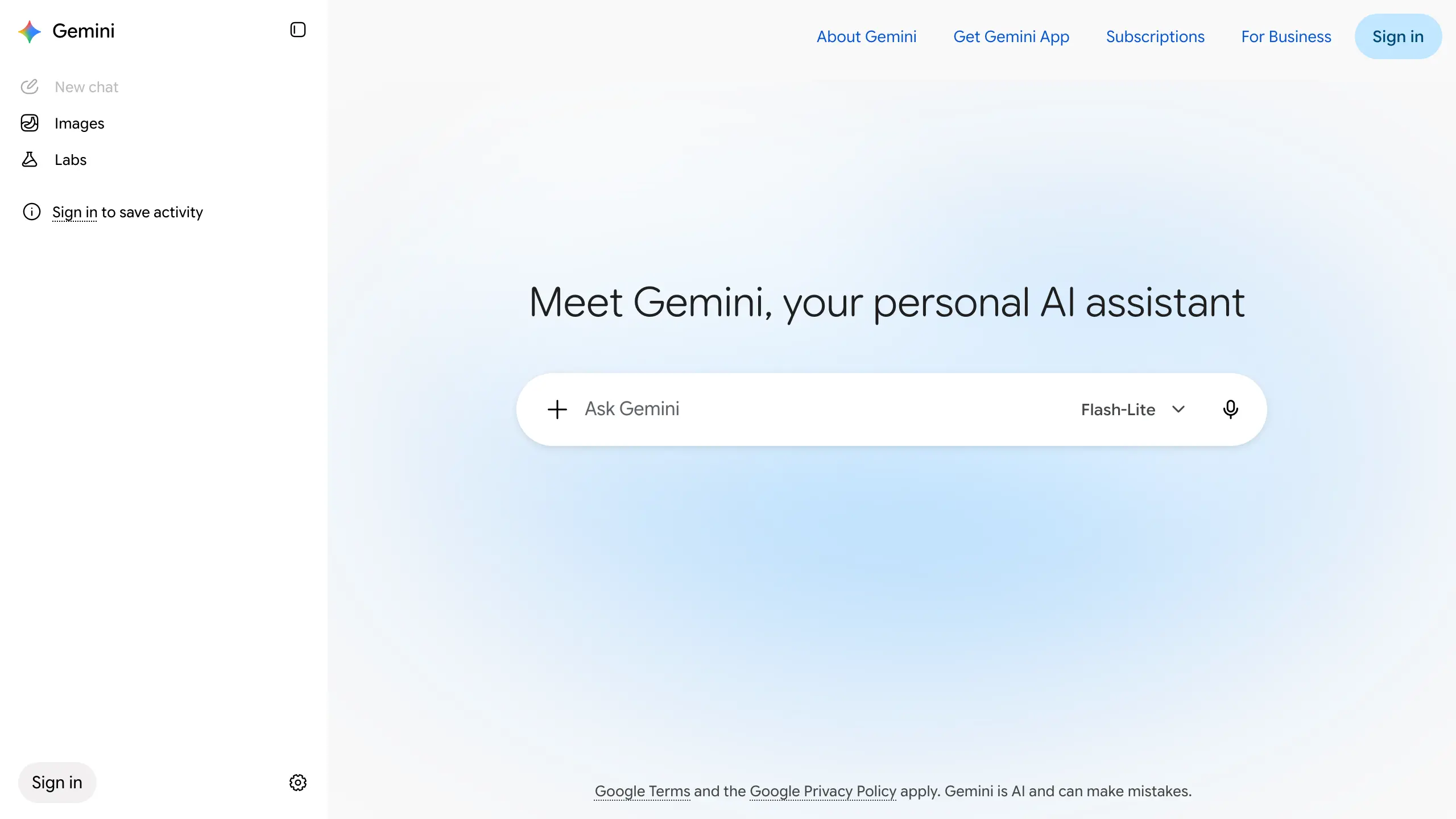 Google Gemini homepage, a free AI tool for students working in Docs and Drive