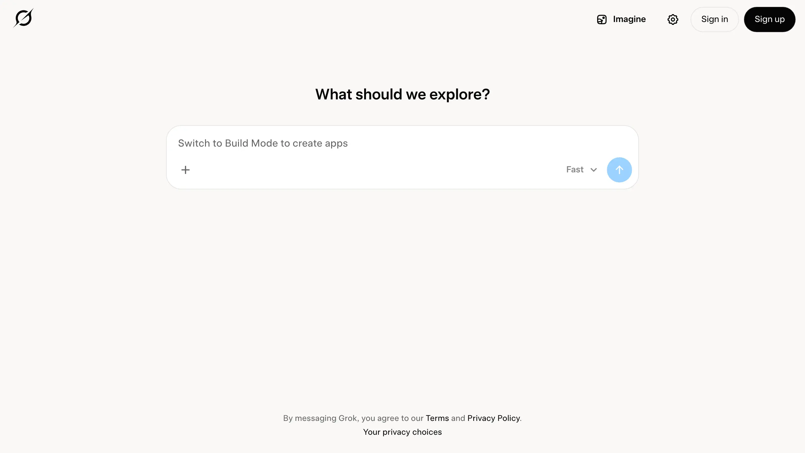 Grok homepage, the chatbot with real-time web and X search