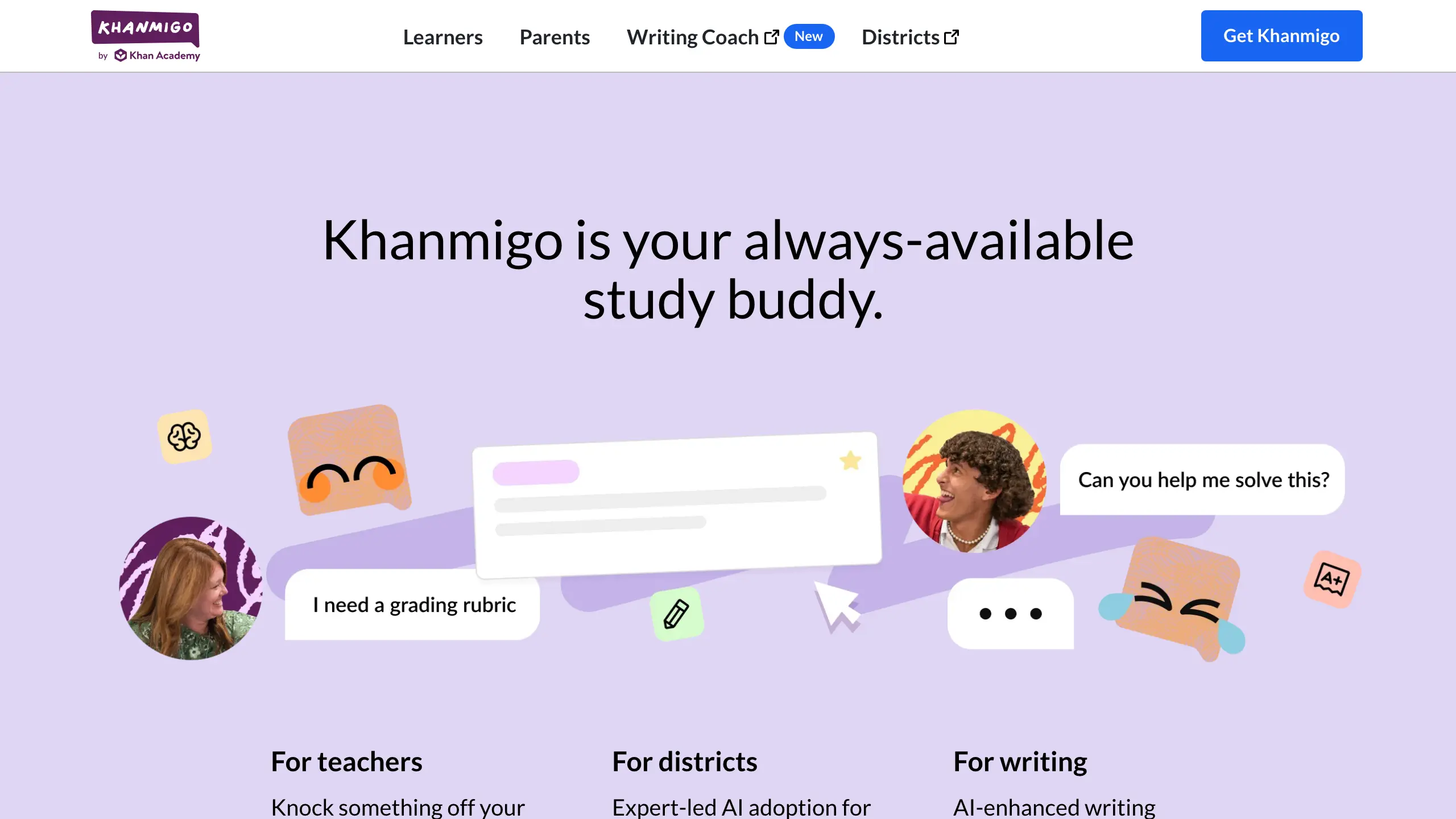 Khanmigo homepage, the AI tutor that guides students step by step