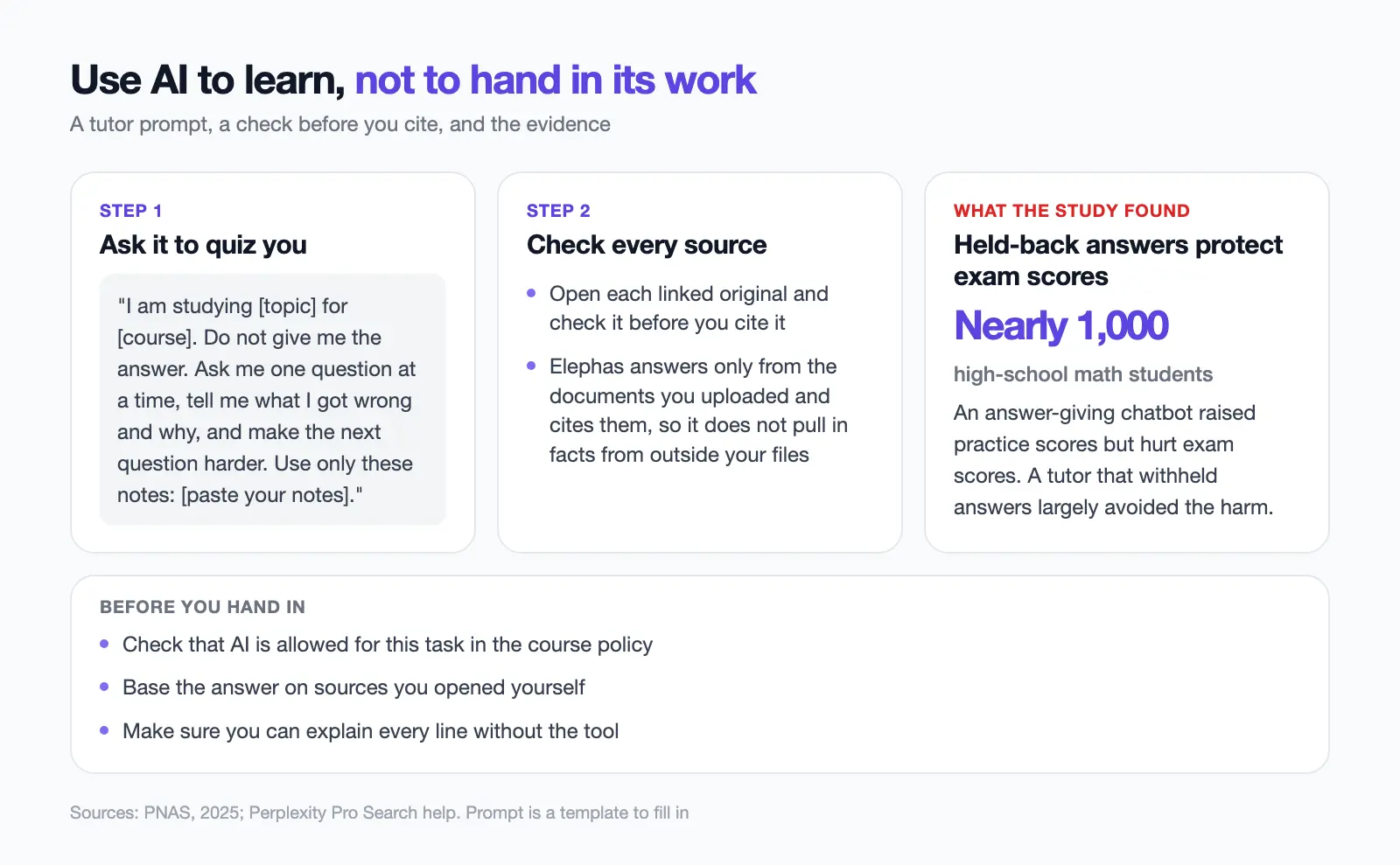 Tutor prompt, source check steps and study finding on learning with an AI chatbot