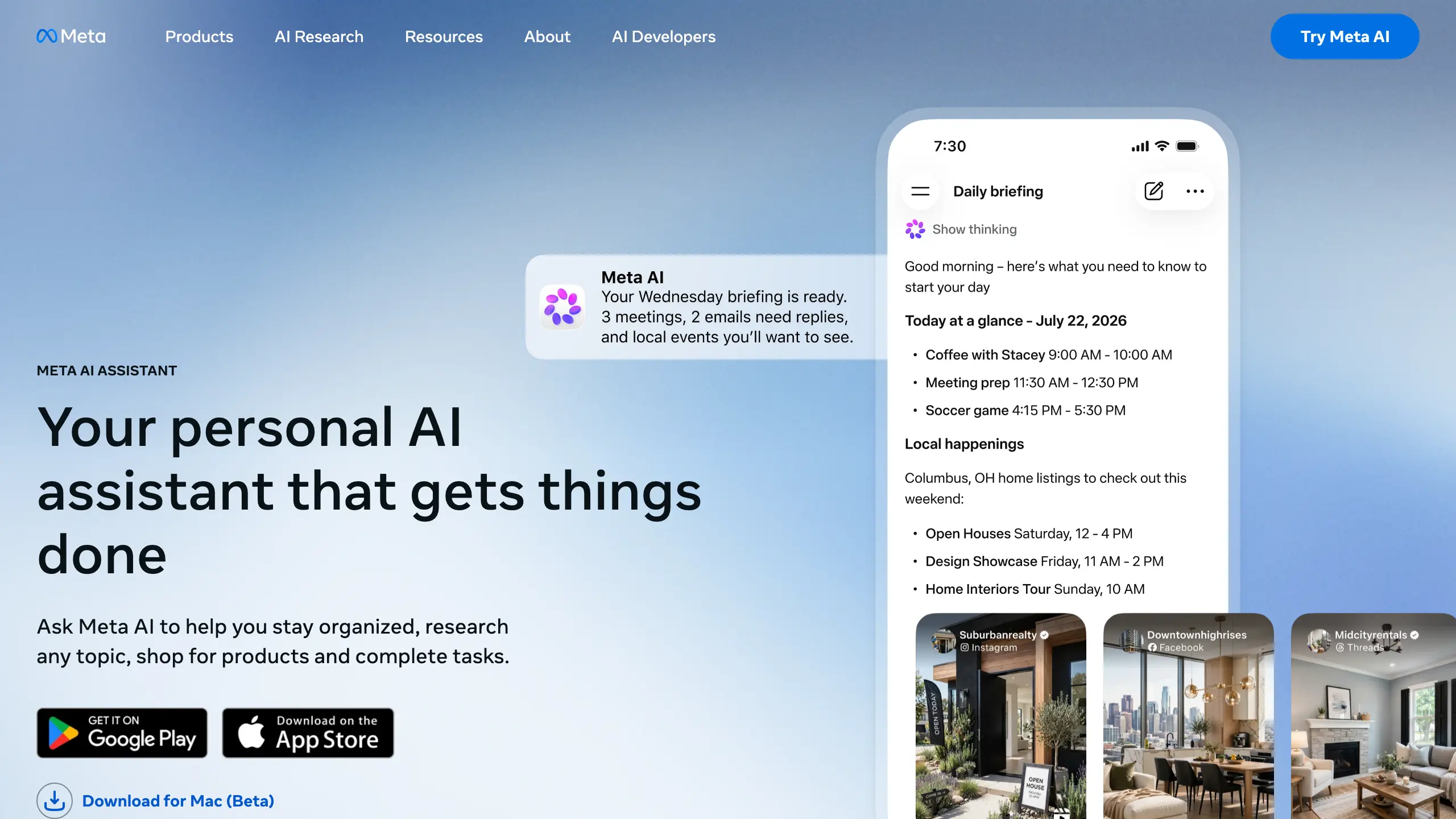 Meta AI homepage, the free AI assistant inside WhatsApp and Instagram