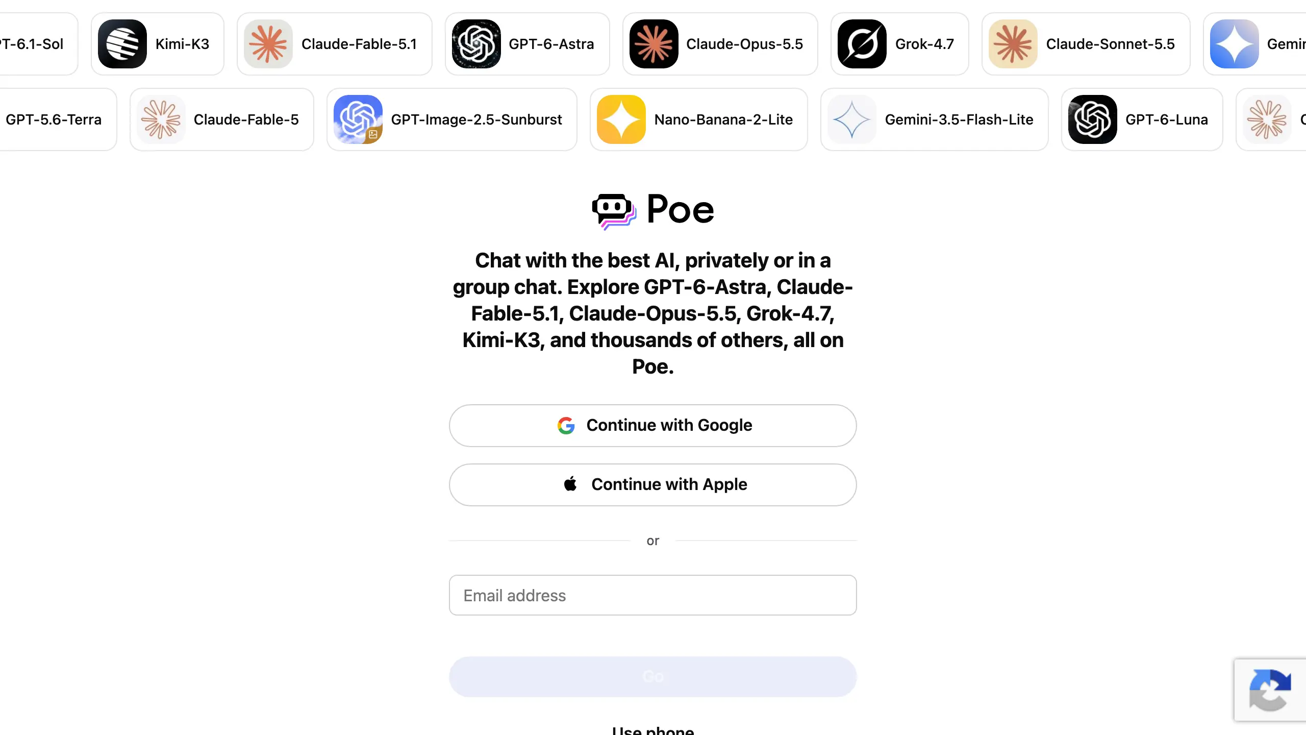 Poe homepage, one app to try several AI models