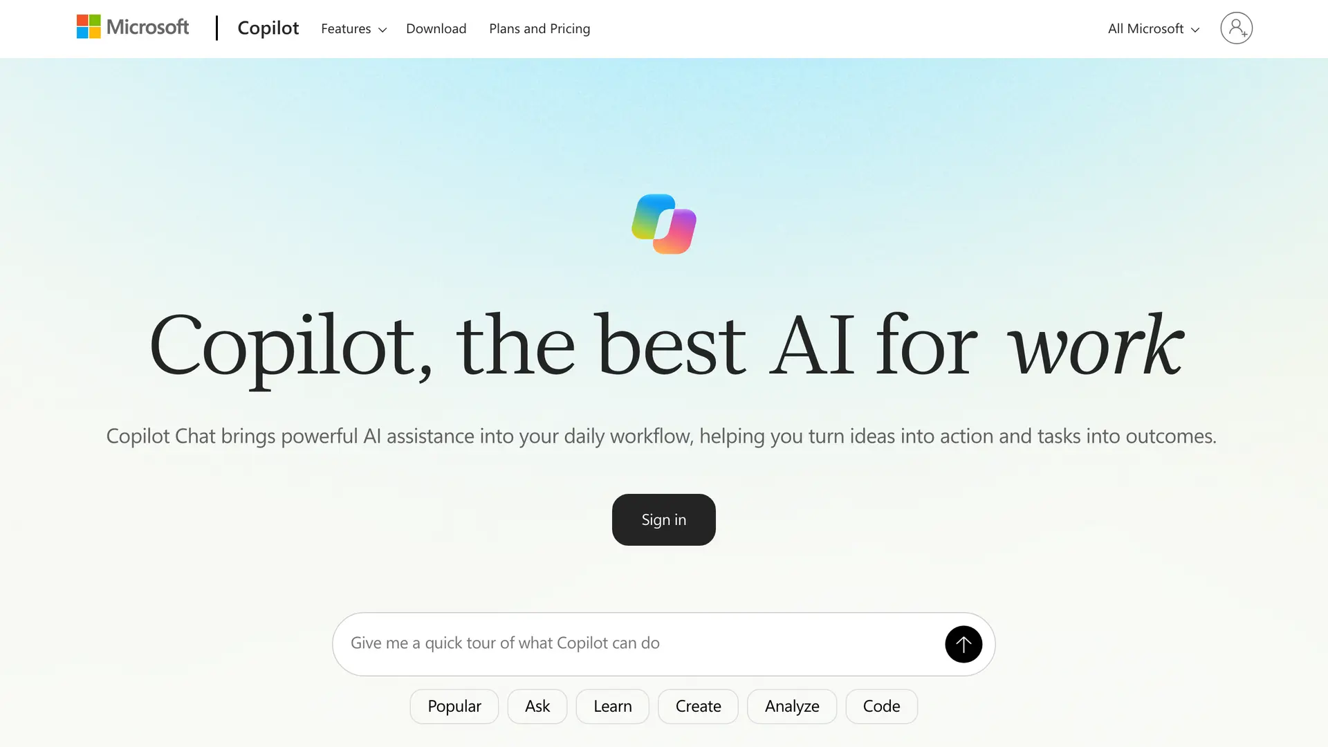 Microsoft Copilot chat product homepage screenshot