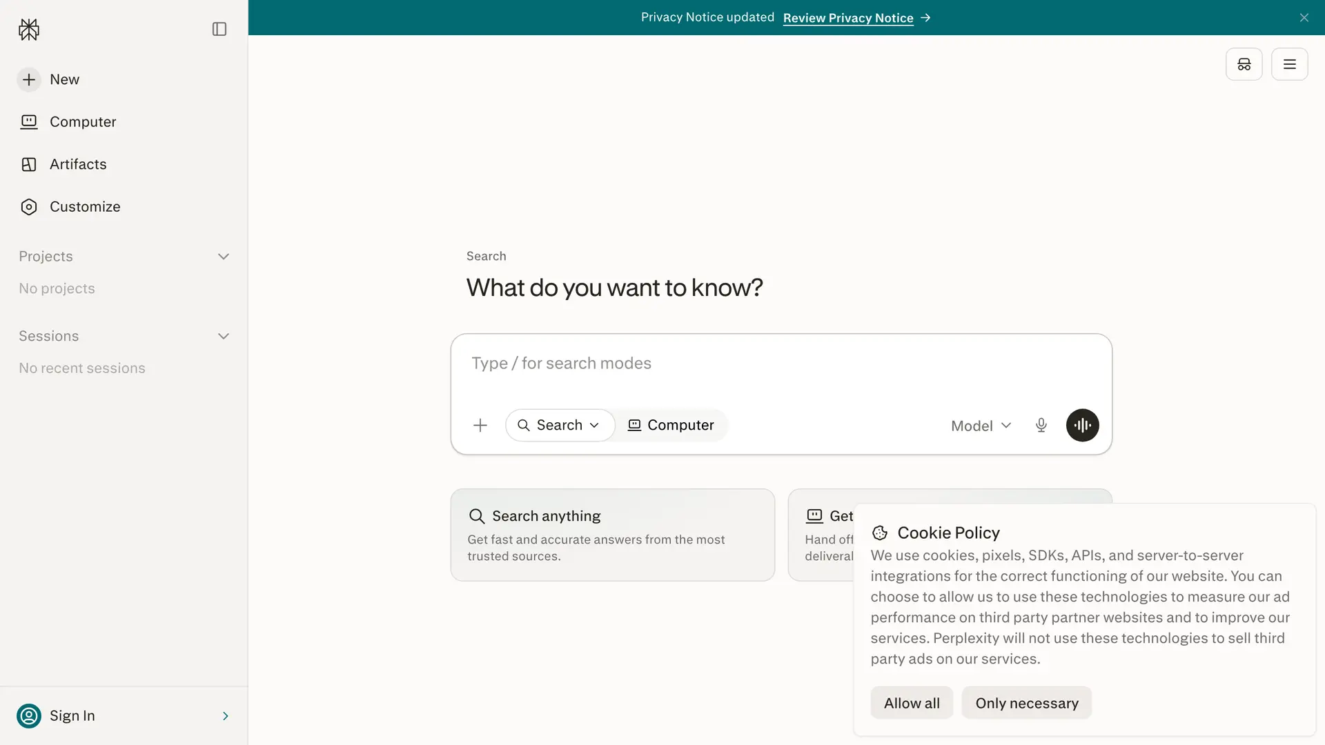 Perplexity homepage screenshot