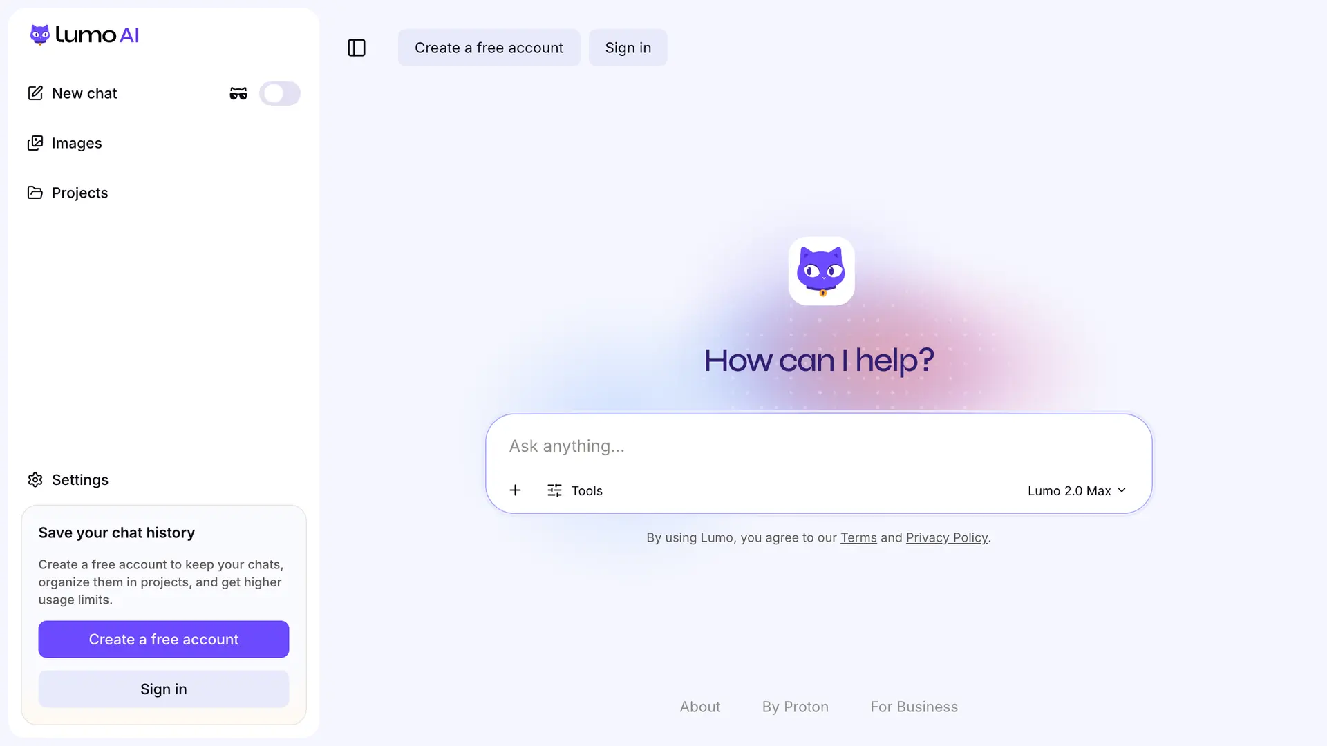 Proton Lumo homepage screenshot