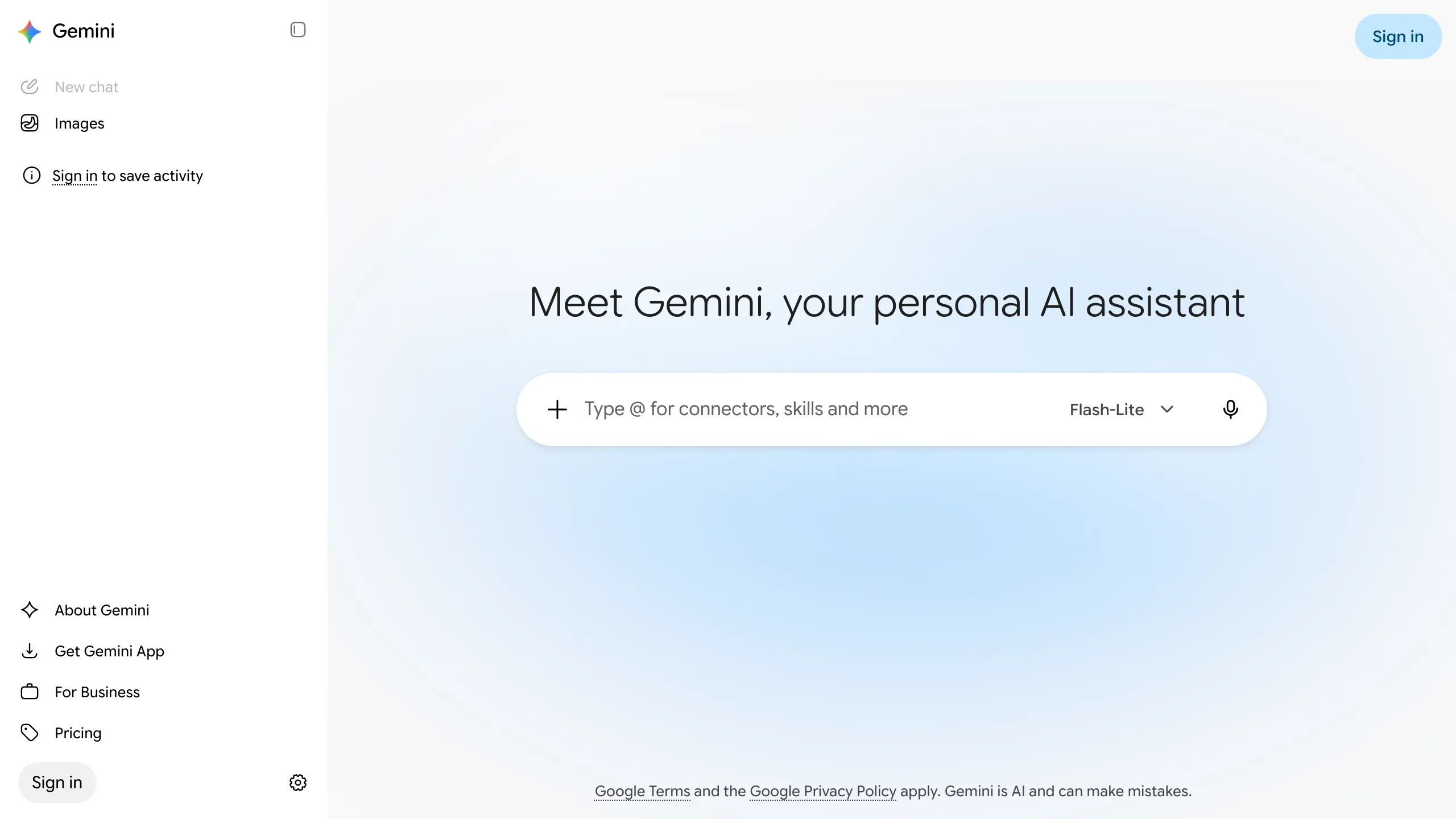 Google Gemini AI assistant homepage