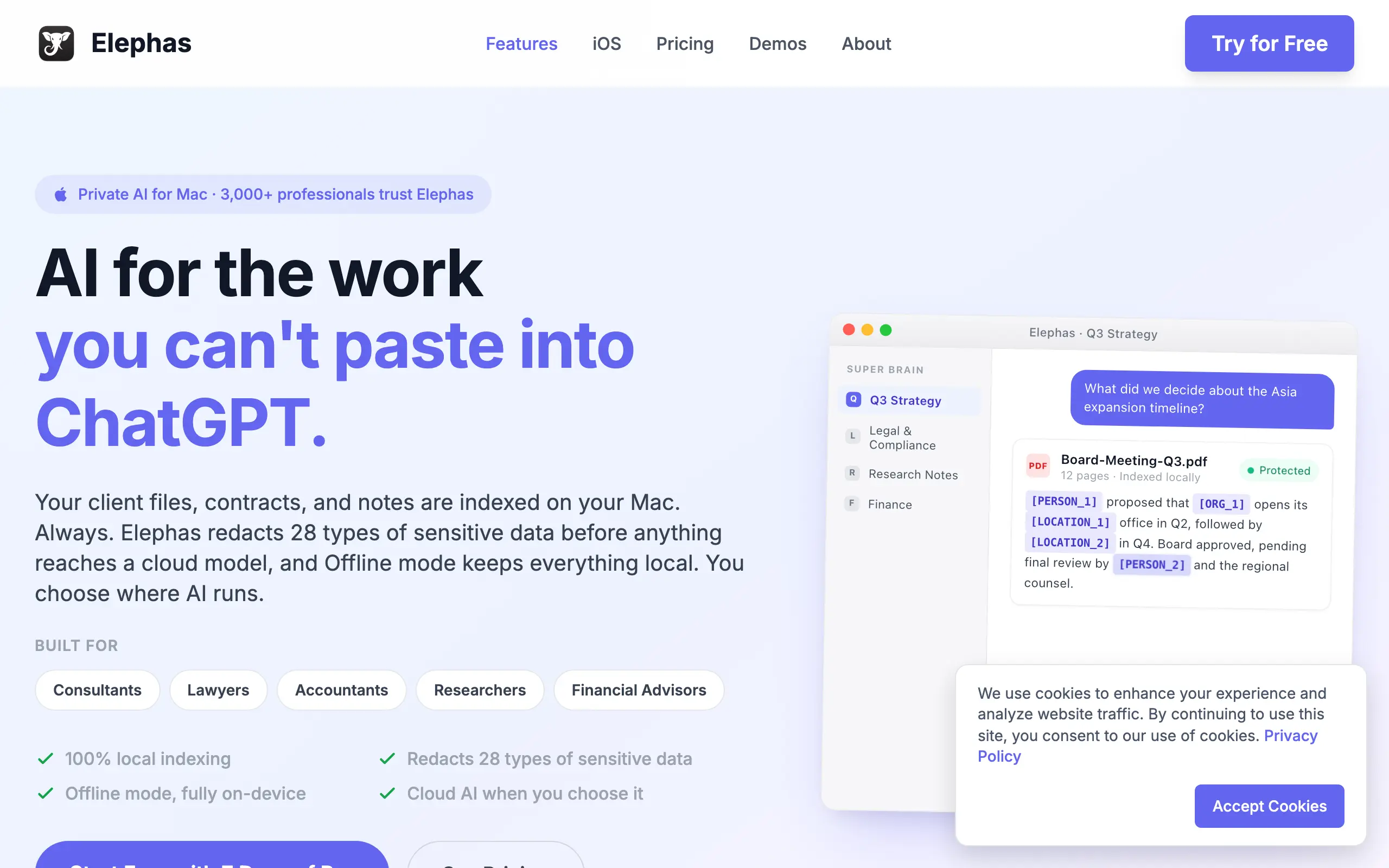 The Elephas homepage headline reads AI for the work you cannot paste into ChatGPT, beside a Super Brain screenshot showing client files with sensitive details masked as protected placeholders