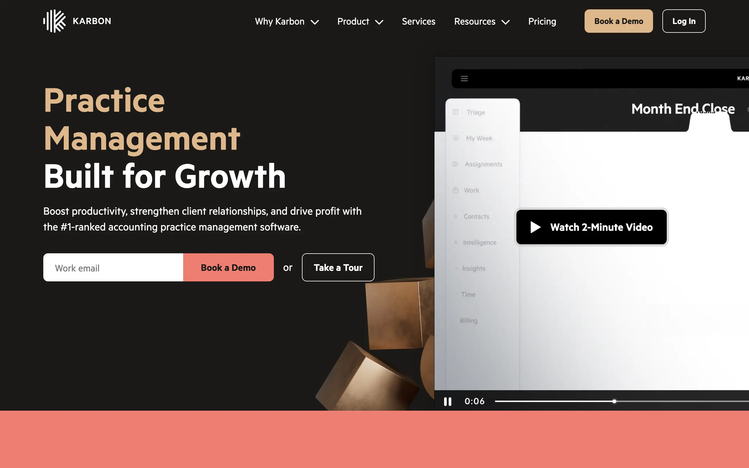 The Karbon homepage headline reads Practice Management Built for Growth, beside a product screenshot showing the Triage, My Week, and Assignments workflow sidebar