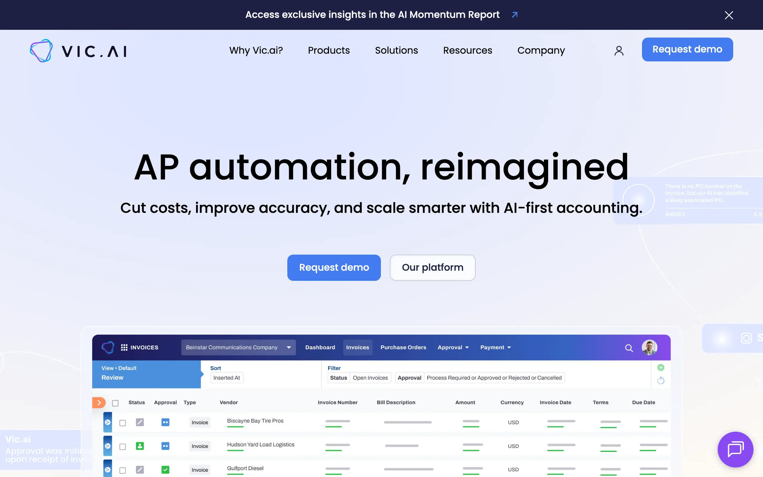 The Vic.ai homepage headline reads AP automation, reimagined, above a product screenshot of its invoices dashboard with vendor, amount, approval, and due-date columns