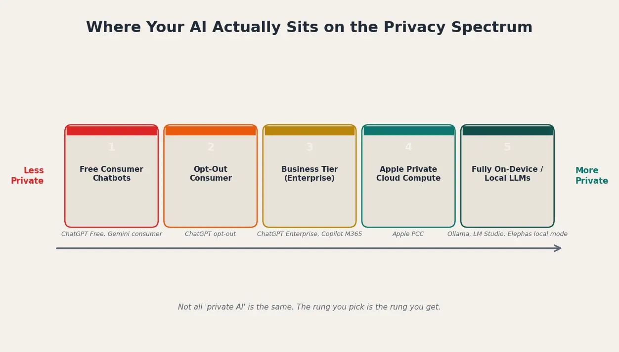 The five rungs of the private AI spectrum, from consumer chatbots to fully on-device local LLMs