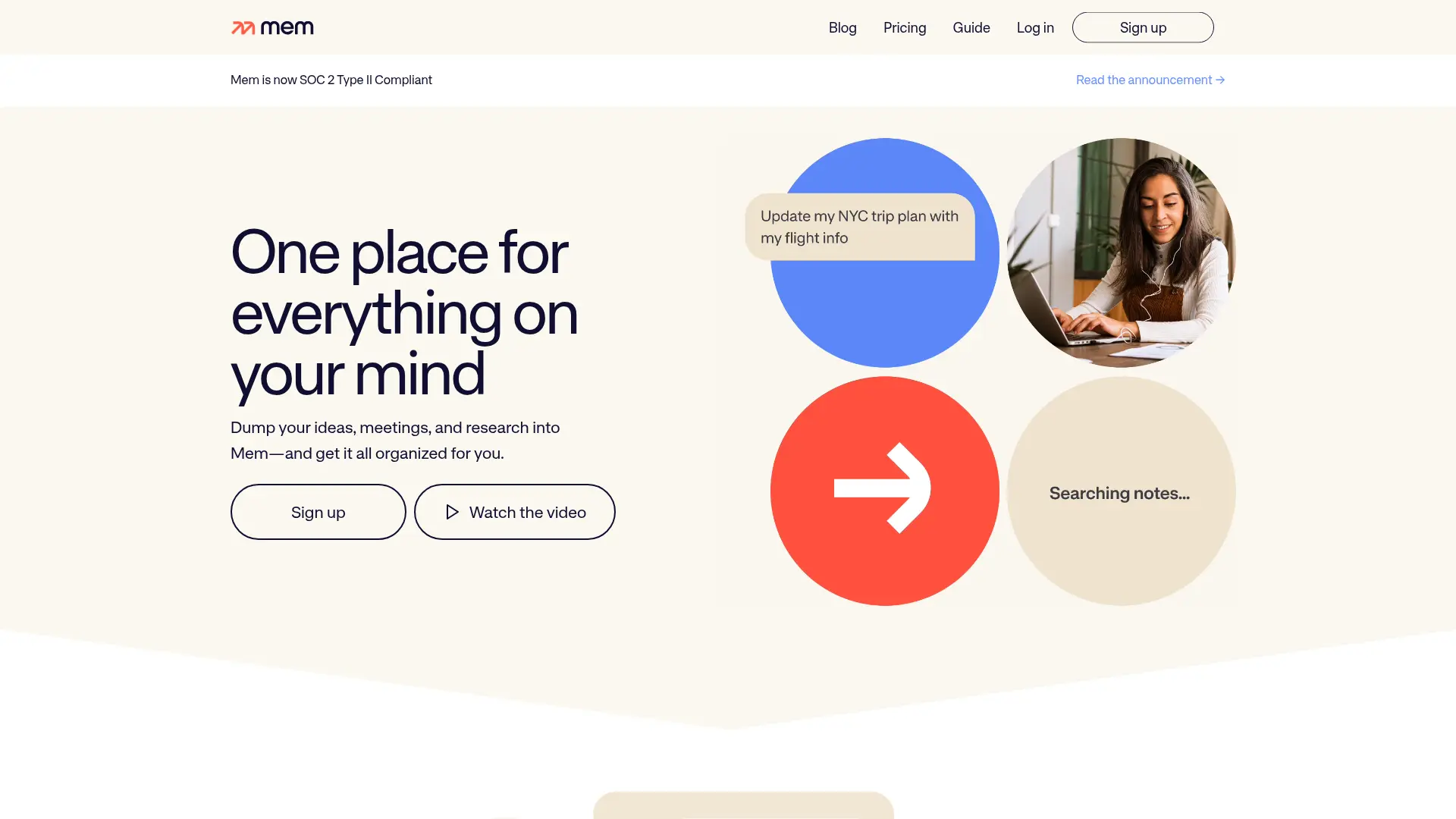 Mem AI interface showing automatic note organization and smart search