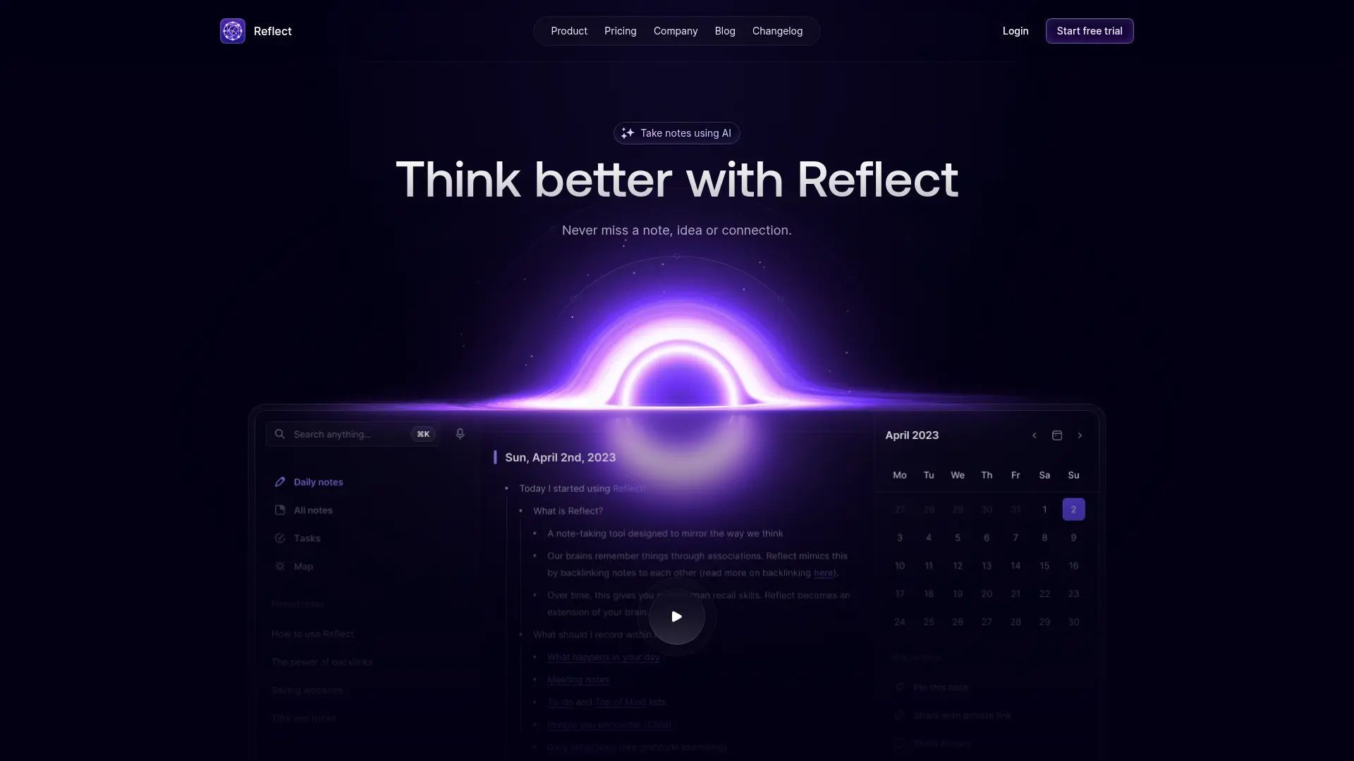 Reflect app interface showing networked notes with AI-powered backlinking