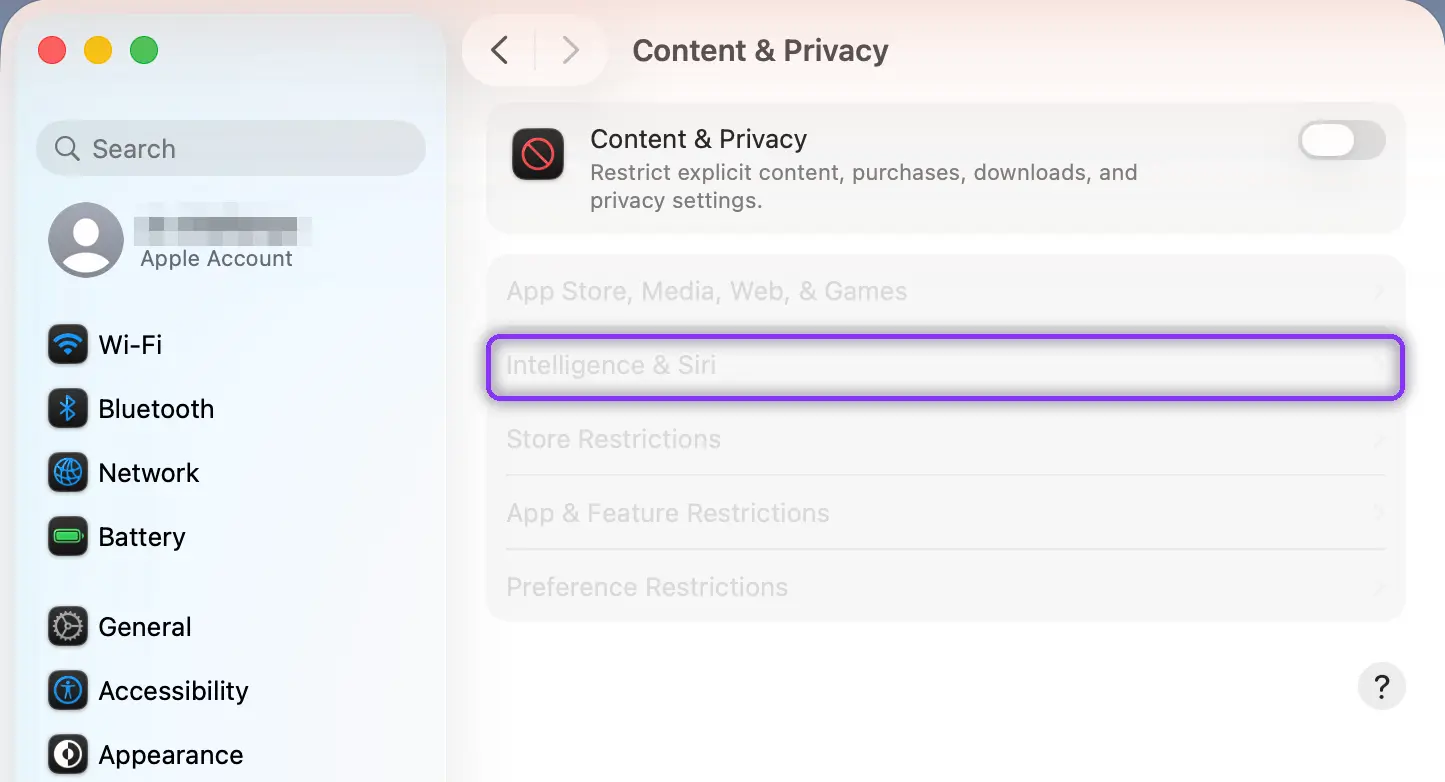 Screen Time Content and Privacy pane on Mac with the Intelligence and Siri restriction highlighted