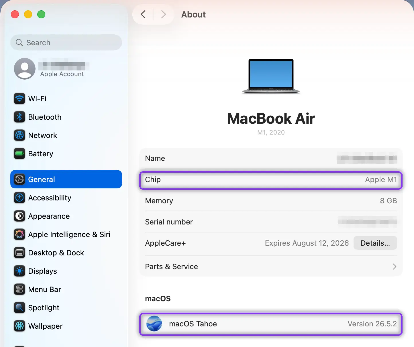 About This Mac showing Chip Apple M1 and macOS Tahoe 26.5.2