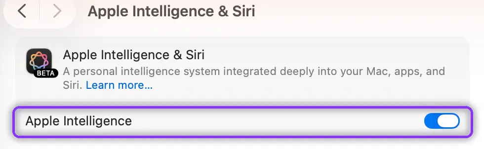 Apple Intelligence master switch on Mac
