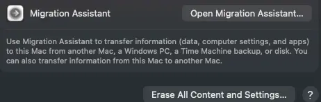 Transfer or Reset pane on Mac showing Erase All Content and Settings