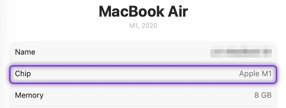 Chip row in About This Mac reading Apple M1