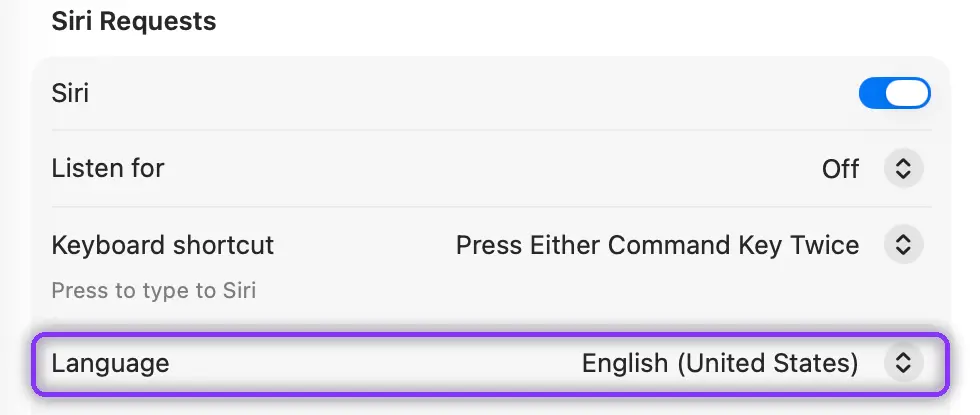 Siri Requests card on Mac with the Language row highlighted