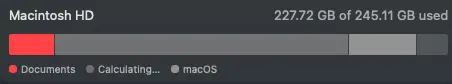Macintosh HD storage bar in System Settings showing free space