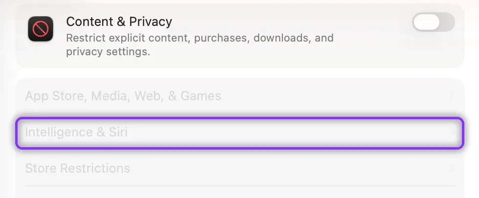 Intelligence and Siri row inside Screen Time Content and Privacy on Mac