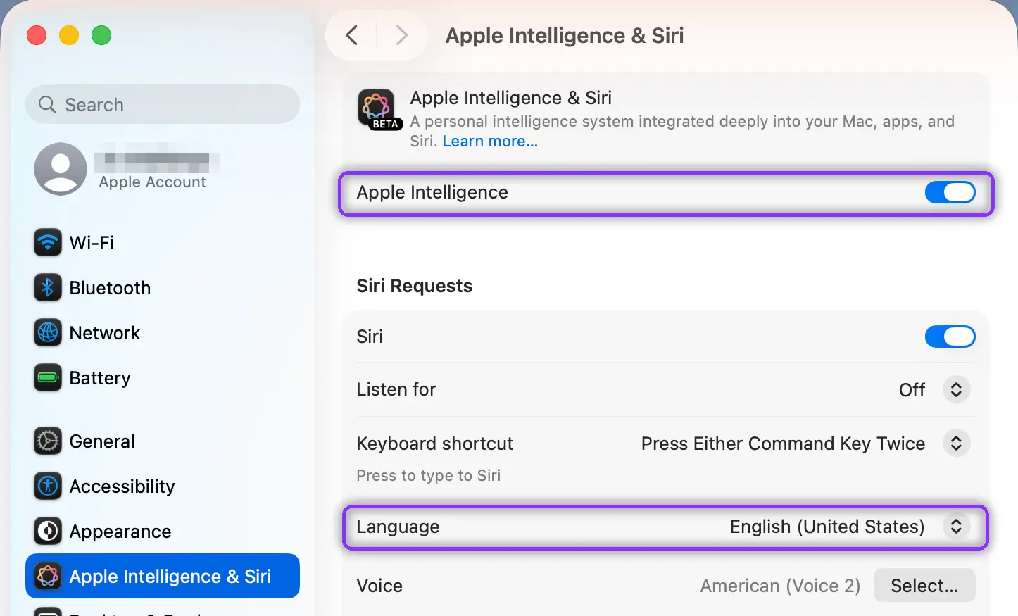 Apple Intelligence and Siri settings on Mac with the Language row highlighted