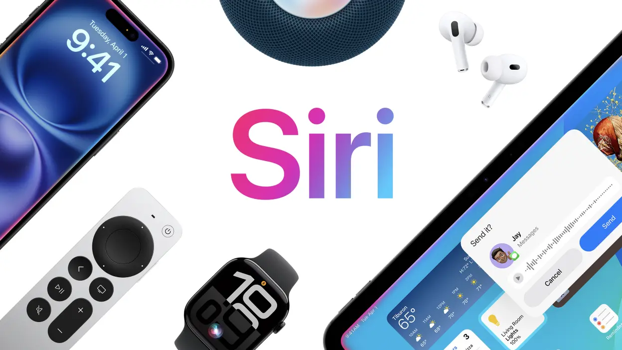 Siri across Apple devices including iPhone, iPad, Apple Watch, and HomePod