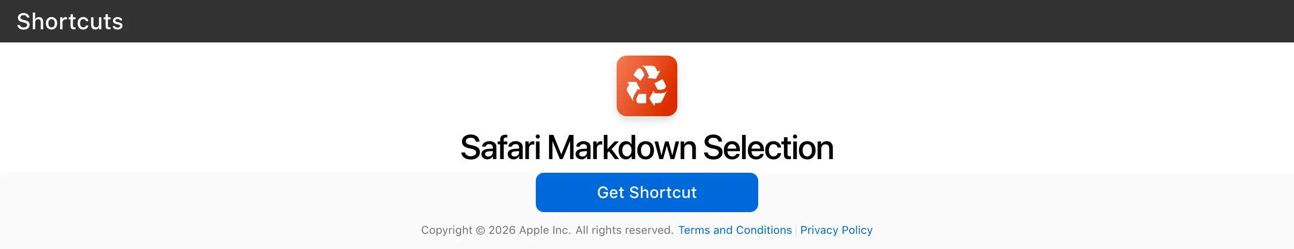 Safari Markdown Selection shortcut converting a web selection into clean Markdown