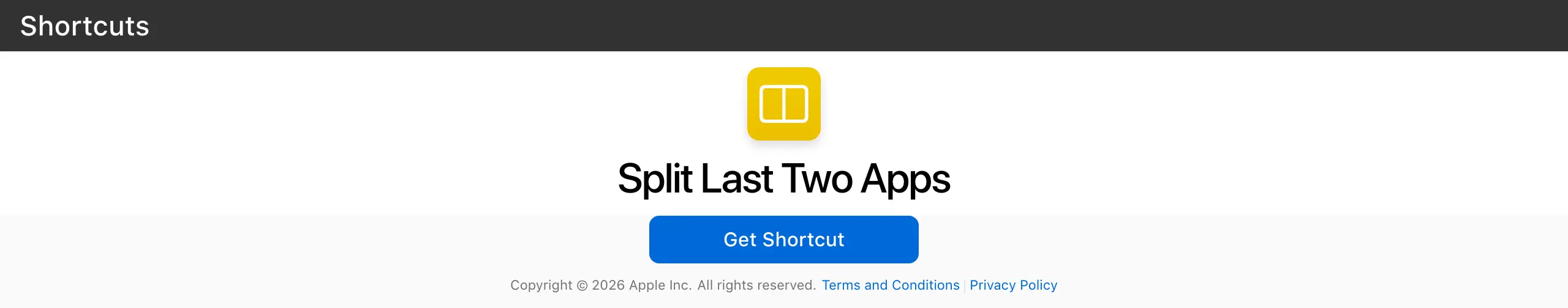 Split Last Two Apps shortcut tiling the two most recent Mac apps